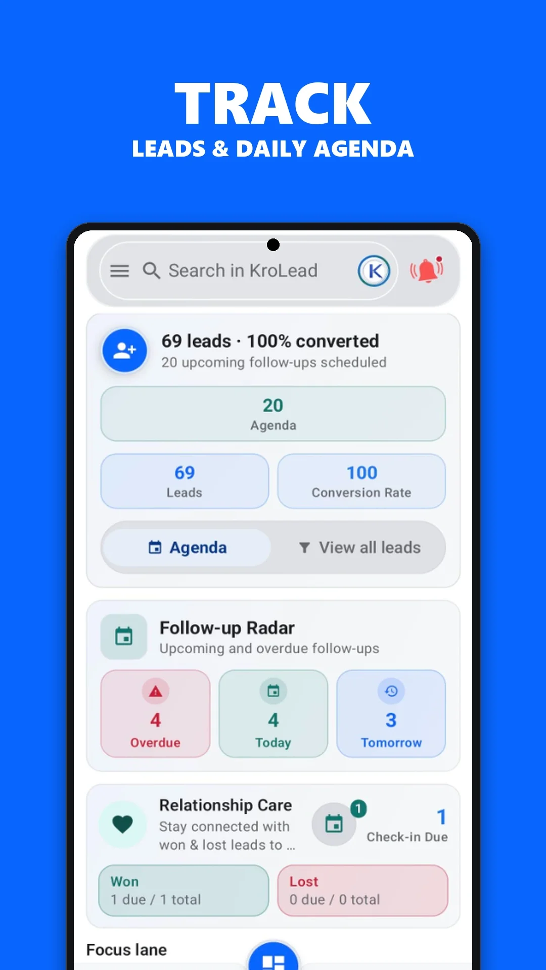 Actual KroLead Android app screenshot showing the lead dashboard and daily agenda