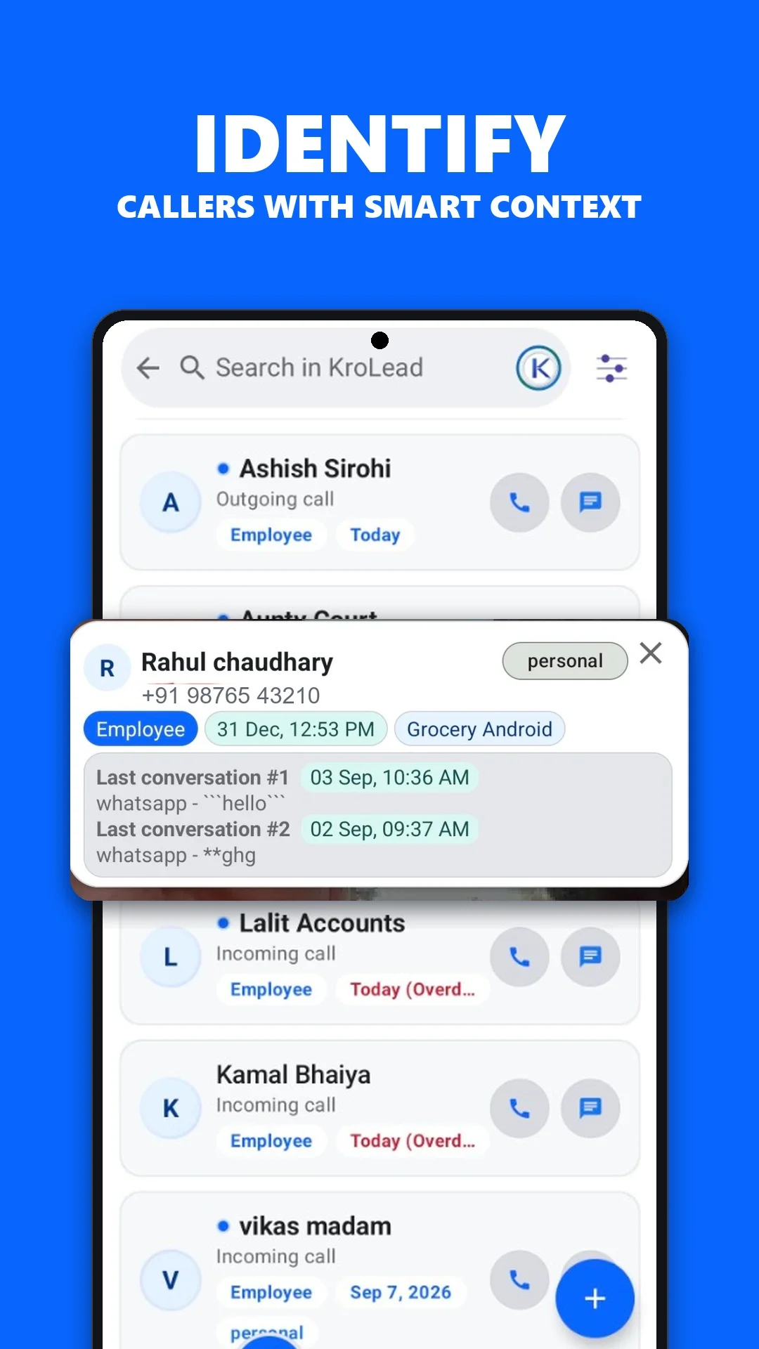 KroLead Android app screen showing the caller context workflow
