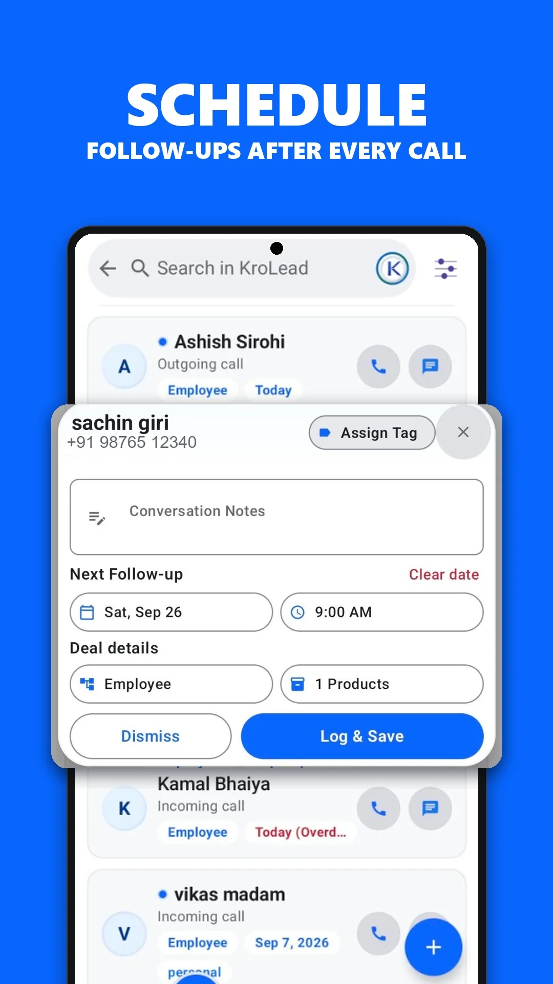 KroLead app screen showing reminders for a customer's next action