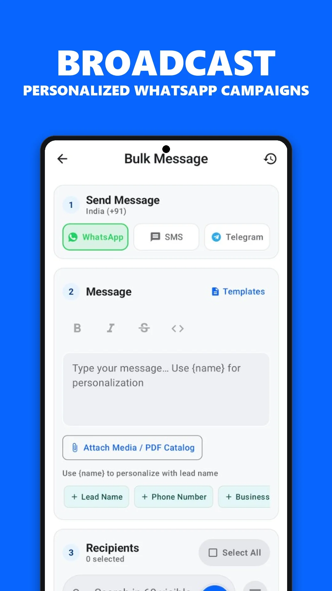 KroLead app screen showing WhatsApp templates and messaging workflow